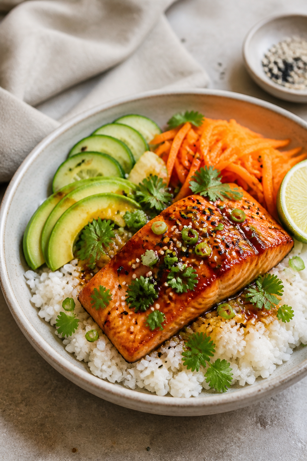 Final dish presentation: Beautifully plated Hot Honey Glazed Salmon Bowl in a wide, shallow ceramic