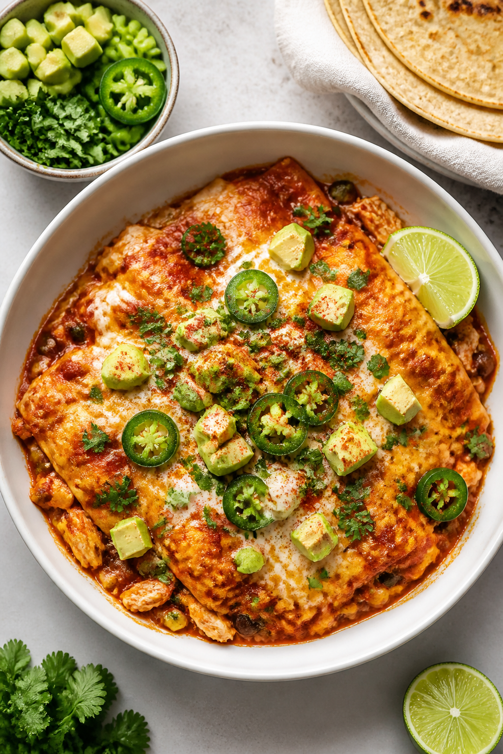 Final dish presentation: beautifully plated serving of High Protein Chicken Enchilada Skillet in a w