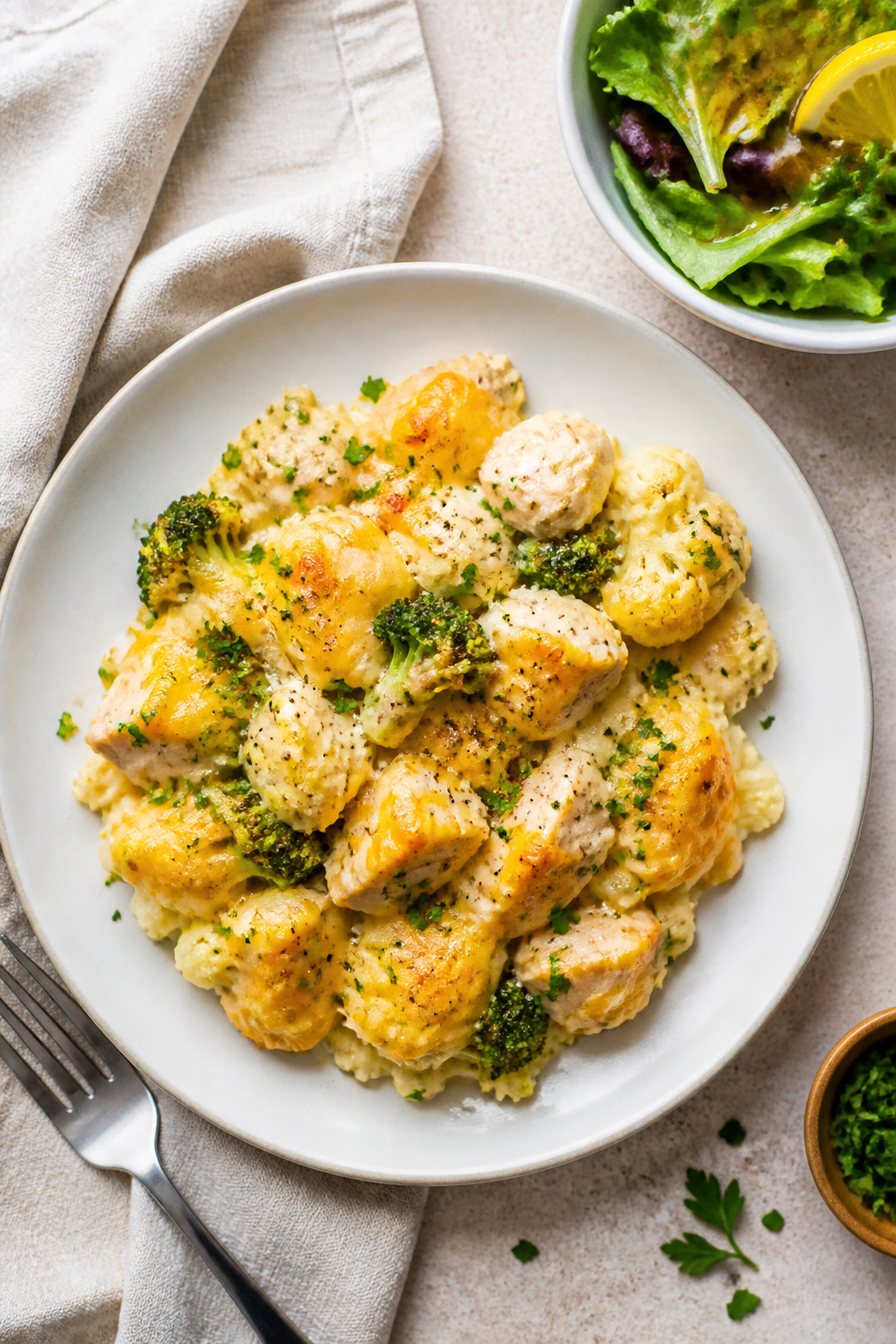 Final dish presentation: Beautifully plated serving of Cheesy Low Carb Chicken Casserole on a matte 