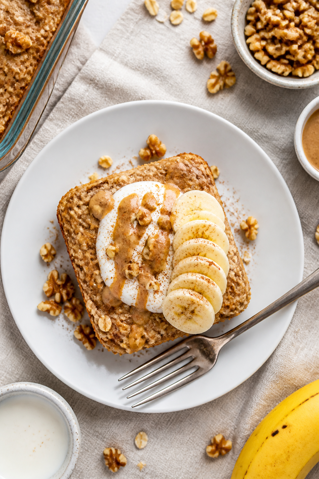 Final dish presentation: Beautifully plated slice of Protein Banana Nut Oatmeal Bake on a white cera