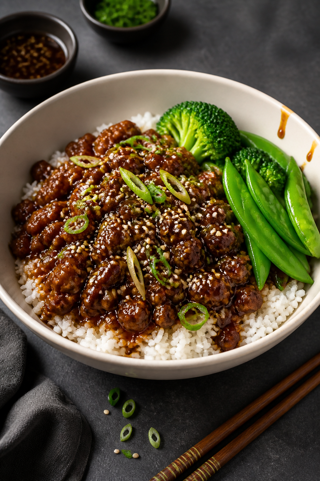 Final dish presentation: Beautifully plated Sticky Honey Garlic Ground Beef Bowl over fluffy jasmine
