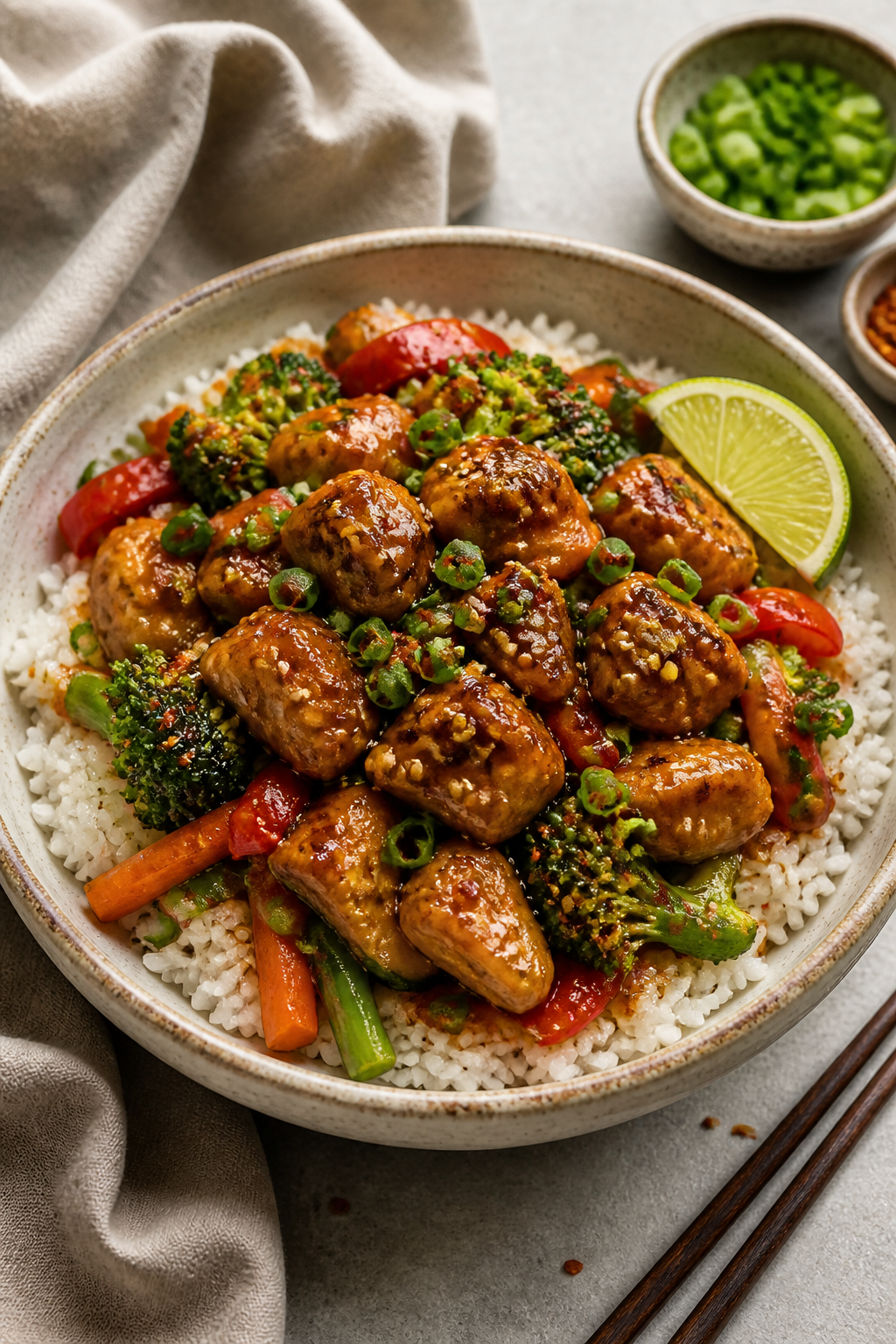 Final dish presentation: Beautifully plated Teriyaki Chicken & Veggie Bowl in a wide, shallow cerami