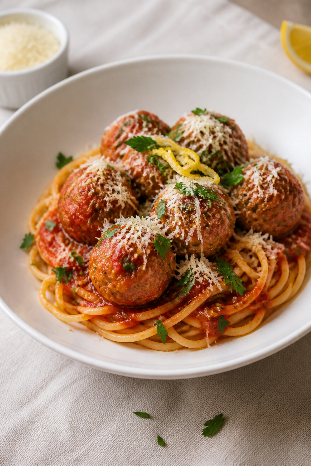 Final dish presentation: Garlic Parmesan chicken meatballs plated over al dente spaghetti with gloss
