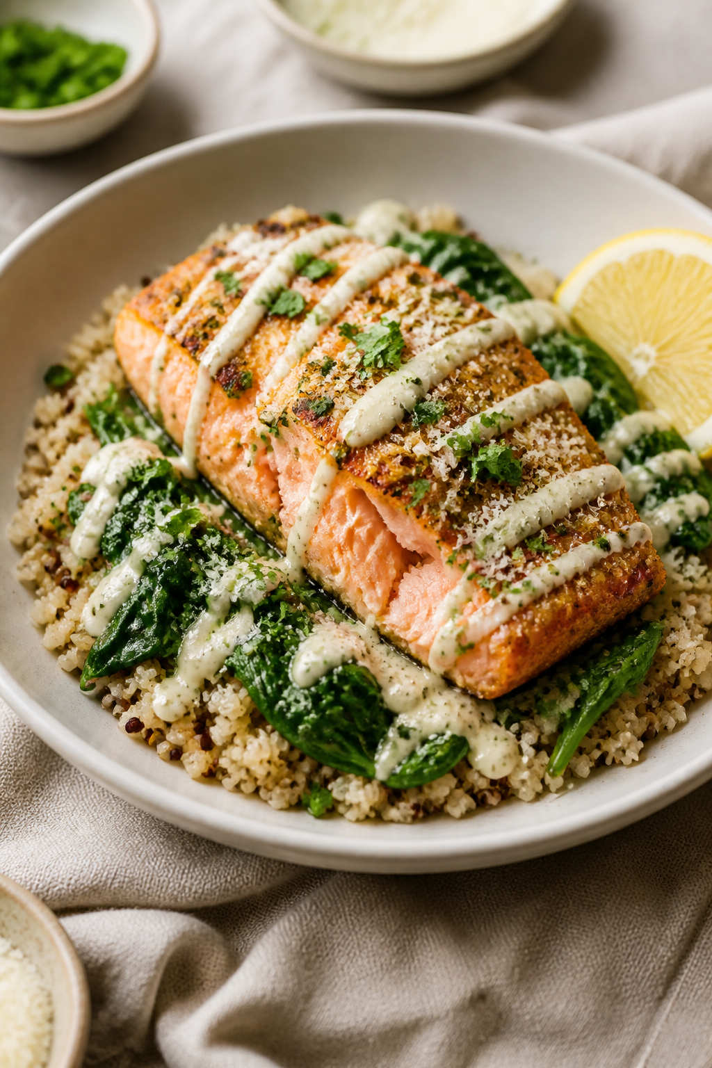 Final dish presentation: Garlic Parmesan Salmon Bowl beautifully plated in a matte white shallow bow