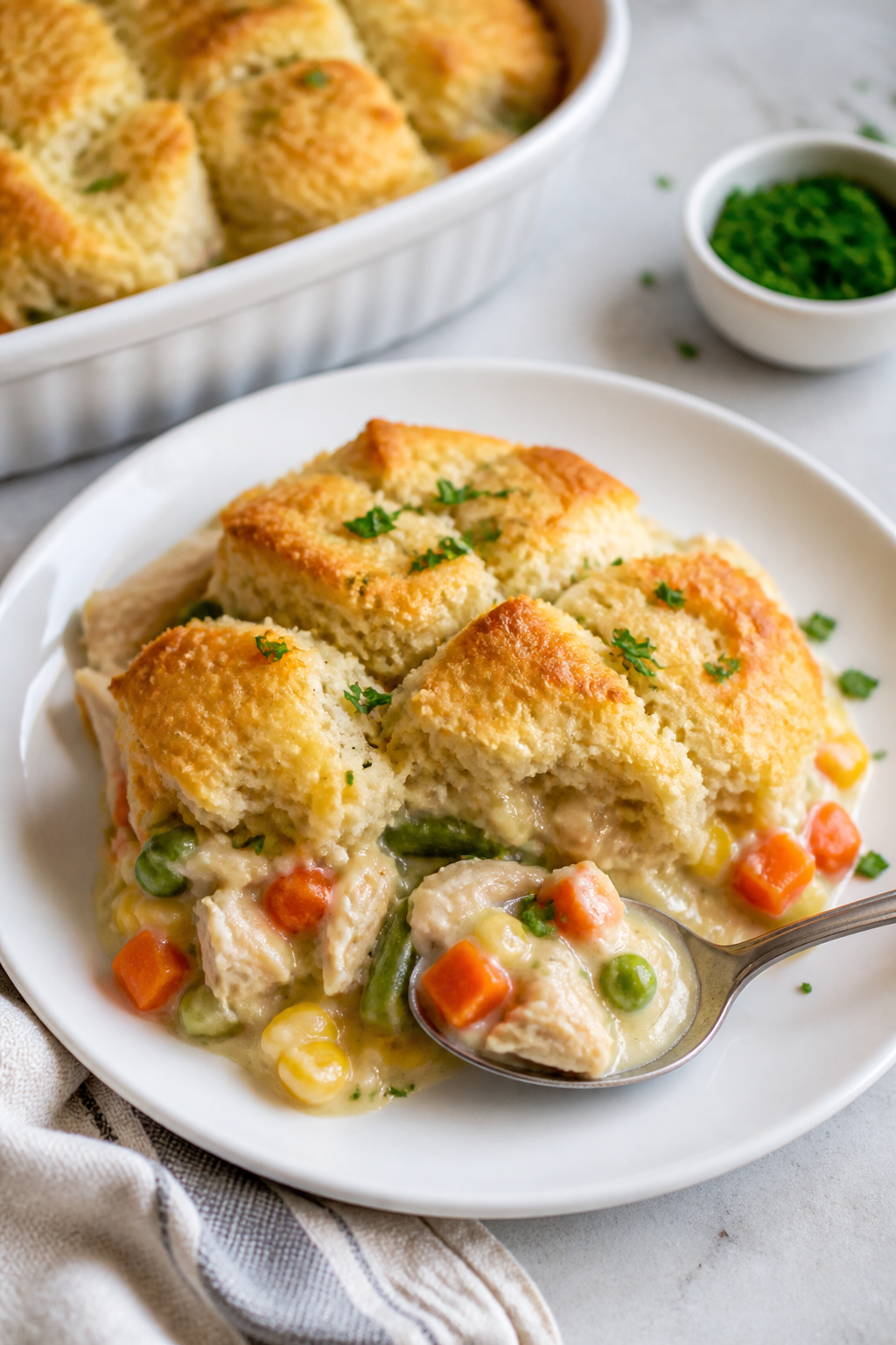 Final dish presentation: Golden-brown high-protein chicken pot pie casserole fresh from the oven, bu