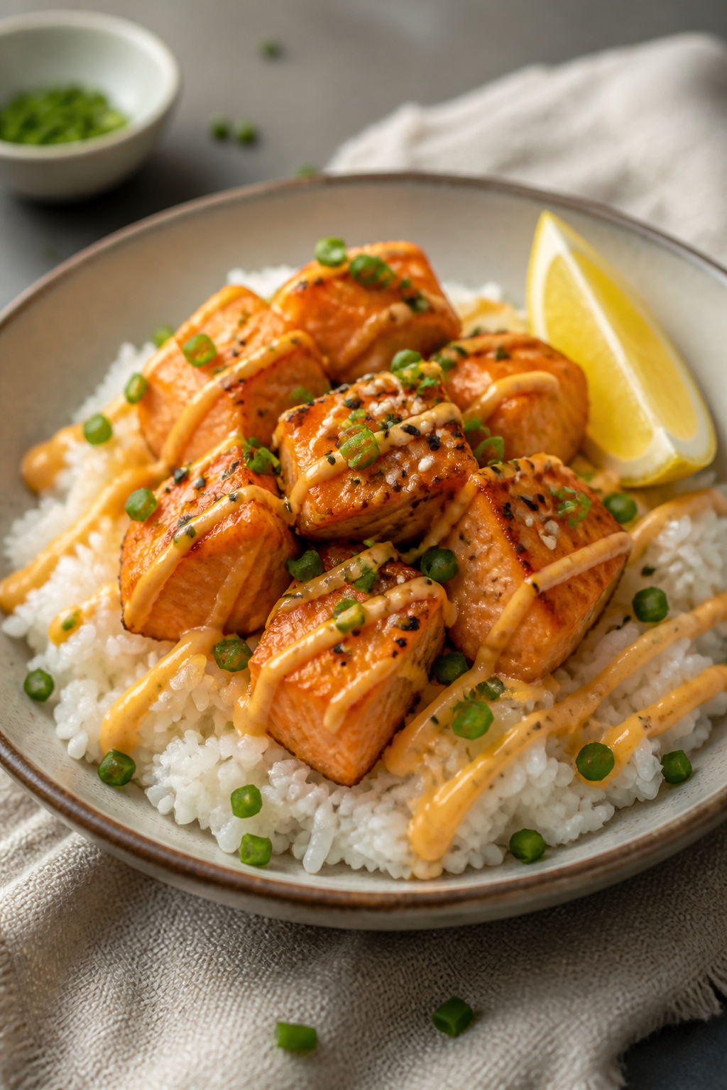 Final dish presentation: Restaurant-quality bowl of steamed jasmine rice topped with a neat pile of