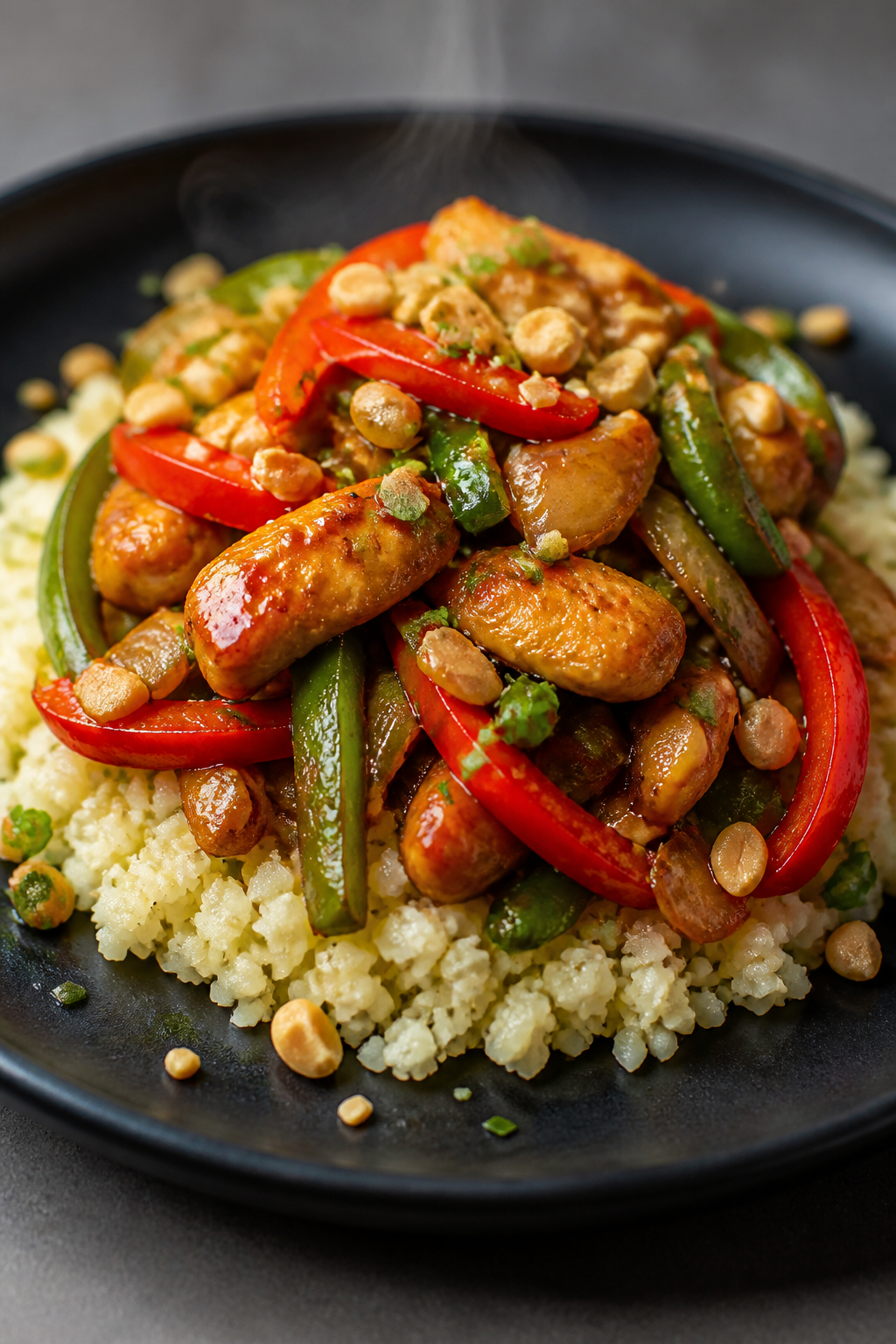 Final dish presentation: Restaurant-quality plate of chicken stir fry over cauliflower rice on a mat