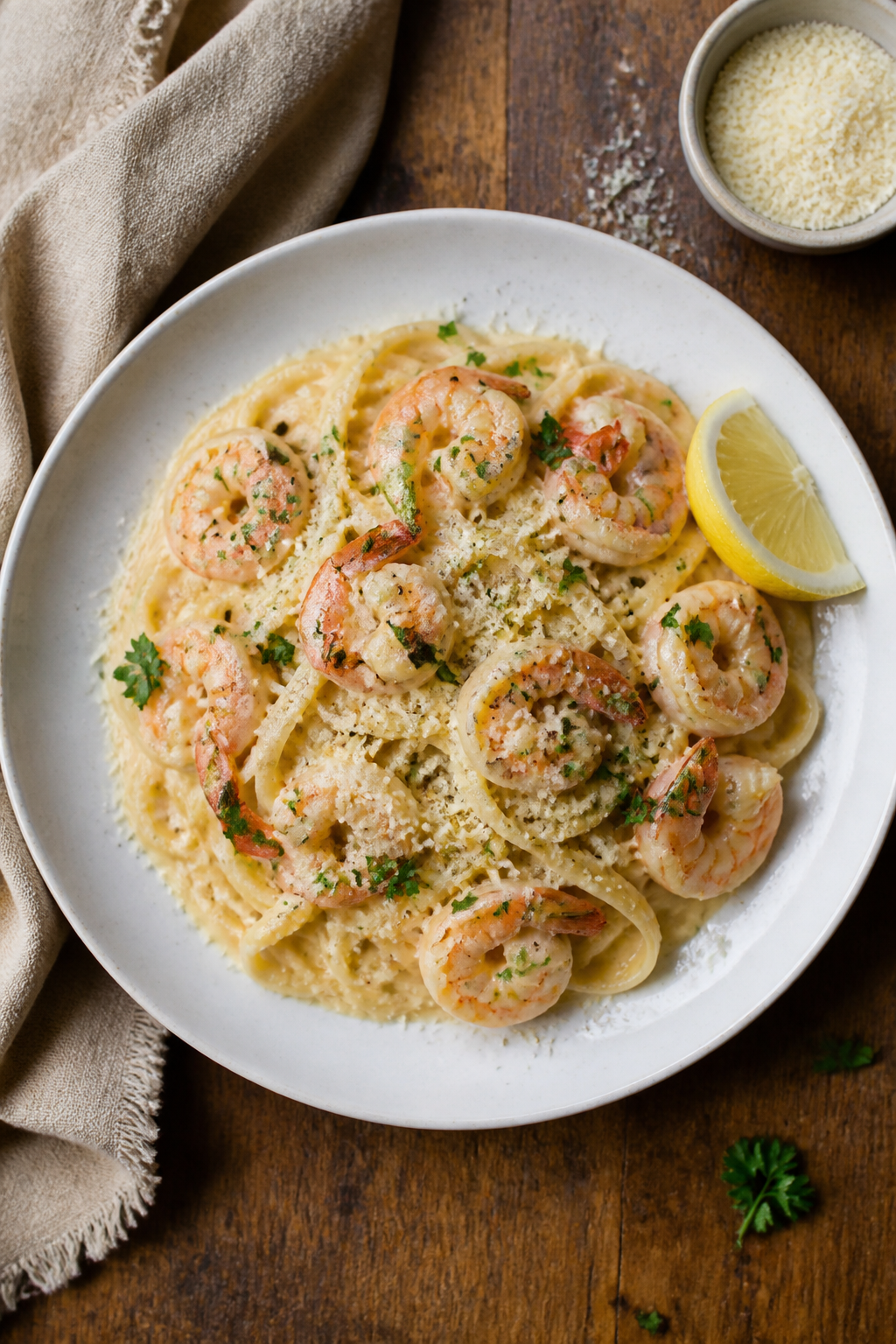 Final dish presentation: Restaurant-quality plate of One Pan Creamy Garlic Shrimp over al dente ling