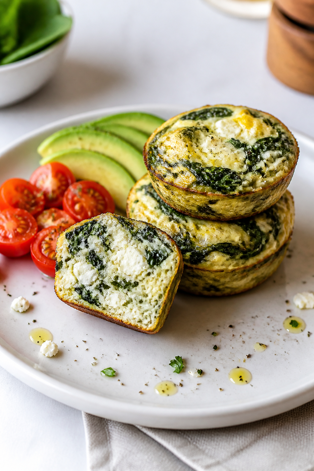Final dish presentation: Restaurant-quality plate of three spinach feta egg white muffins stacked sl
