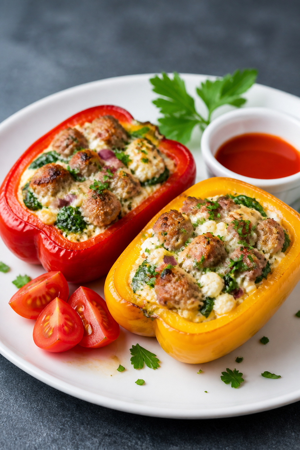 Final dish presentation: Restaurant-quality plate featuring two colorful stuffed pepper halves (one