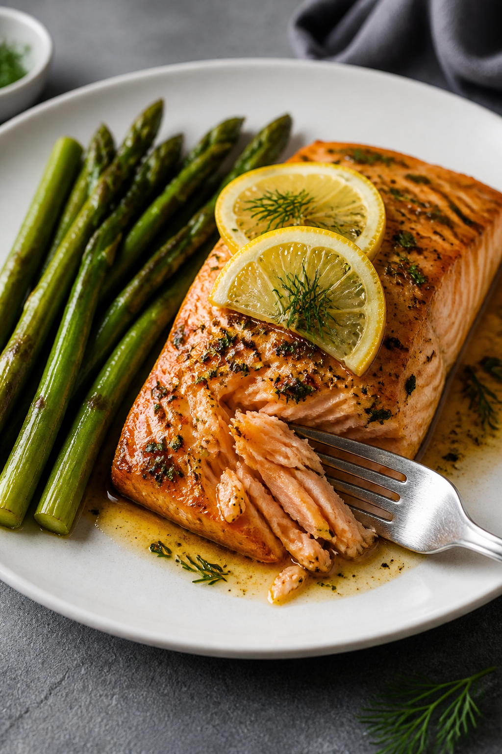 Final dish presentation: Restaurant-quality plate of garlic herb butter salmon with asparagus, finis