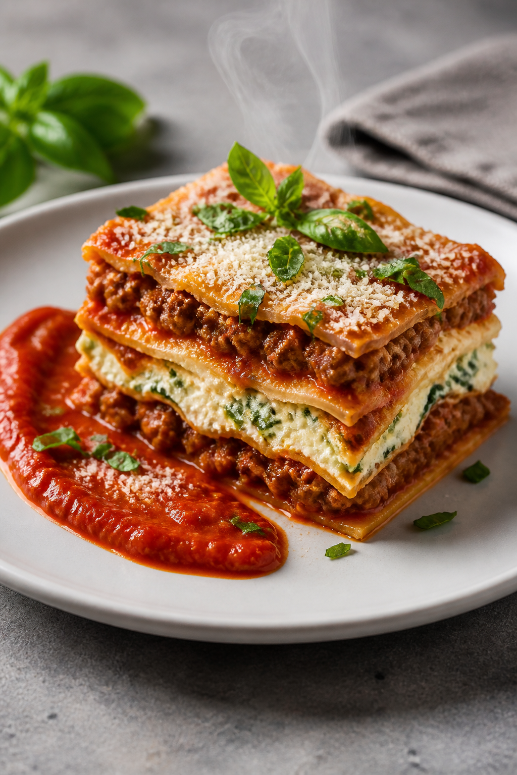 Final dish presentation: Restaurant-quality plated slice of Cottage Cheese Protein Lasagna on a matt