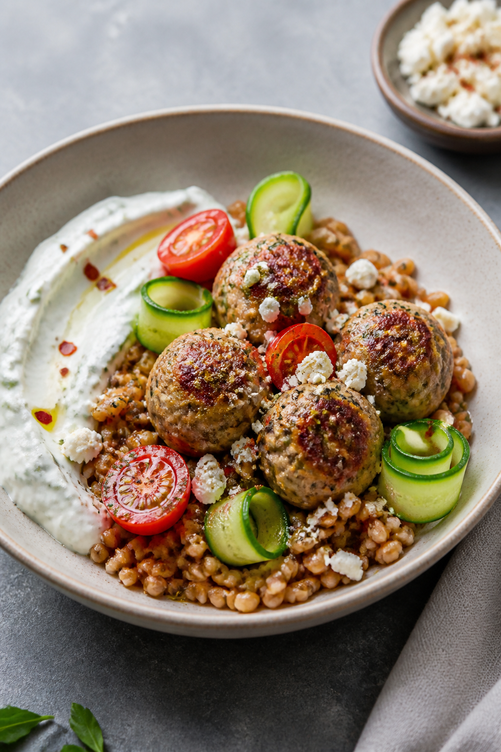 Final dish presentation: Restaurant-quality plated bowl of Greek turkey meatballs over warm farro, m