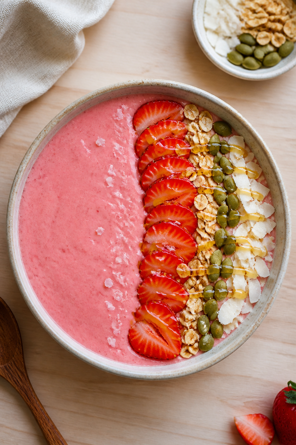 Final dish presentation: Restaurant-quality plated High Protein Strawberry Smoothie Bowl styled as a