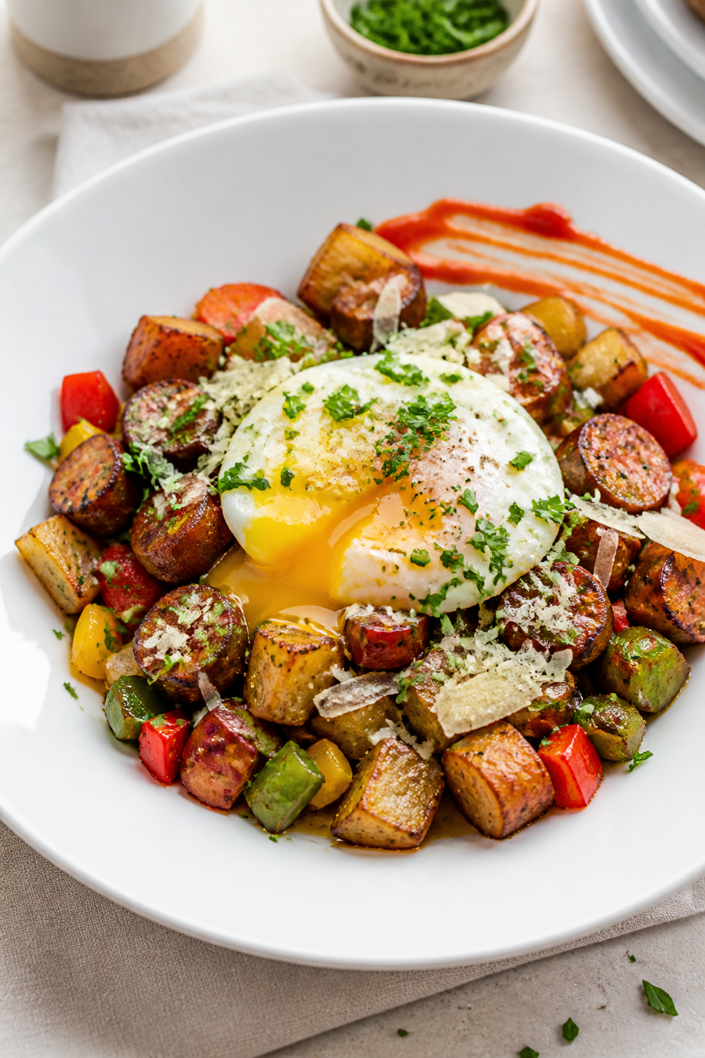Final dish presentation: Restaurant-quality plated Chicken Sausage Breakfast Skillet served in a wid