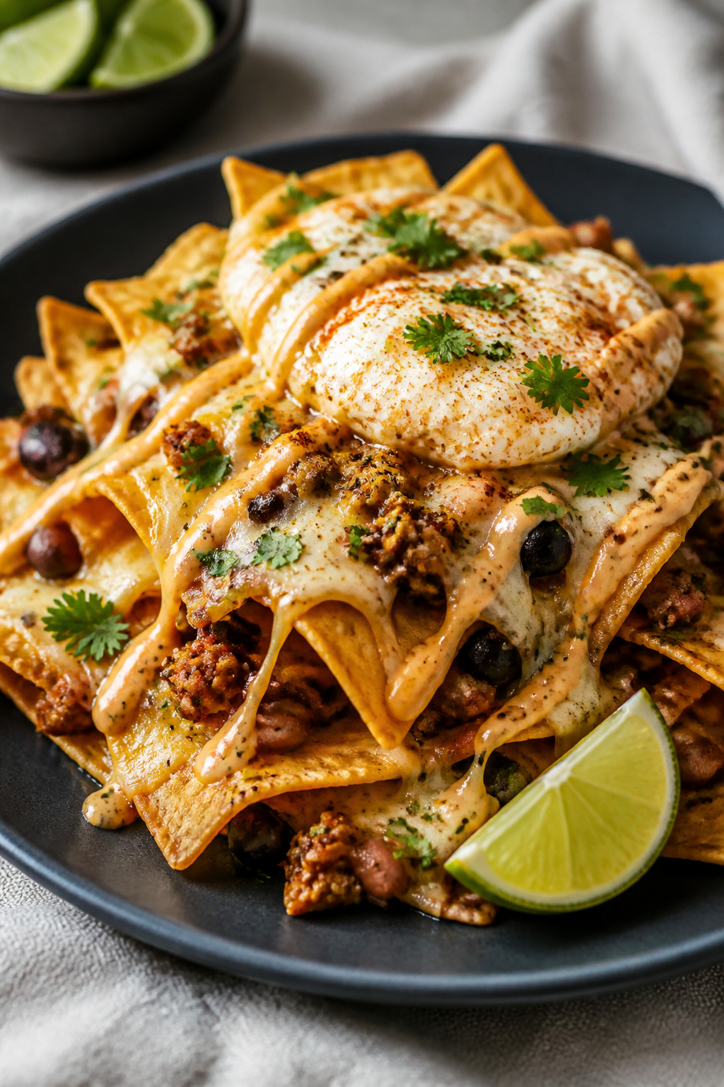 Final dish presentation: Restaurant-quality plated portion of breakfast nachos on a matte charcoal p