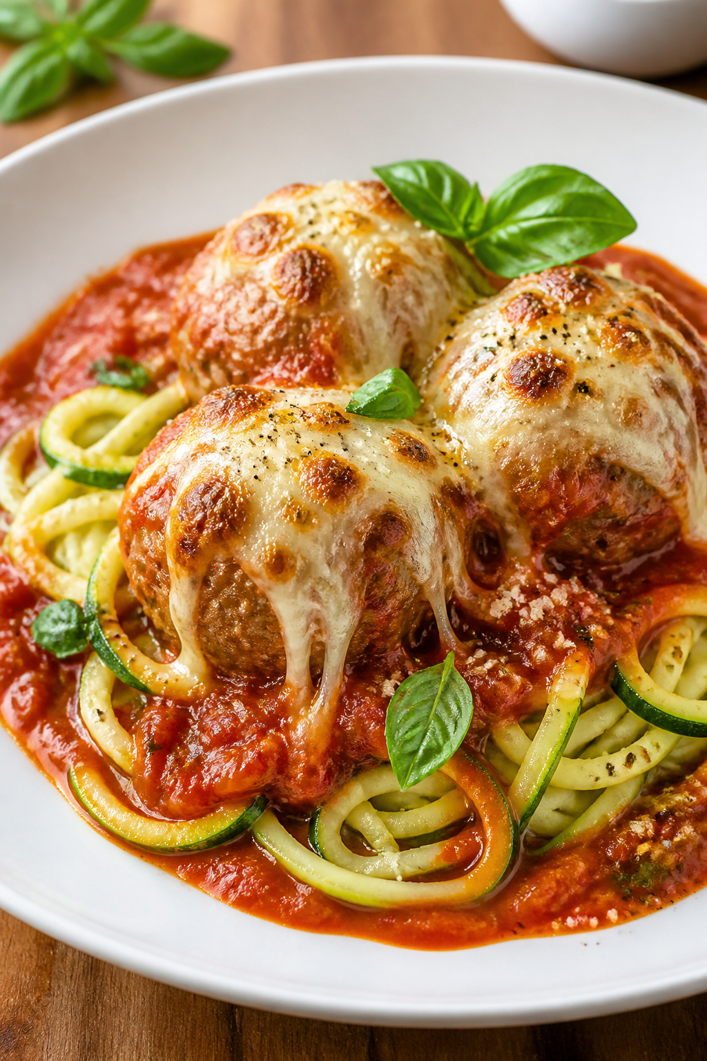 Final dish presentation: Restaurant-quality plated serving of High Protein Meatball Parmesan Cassero