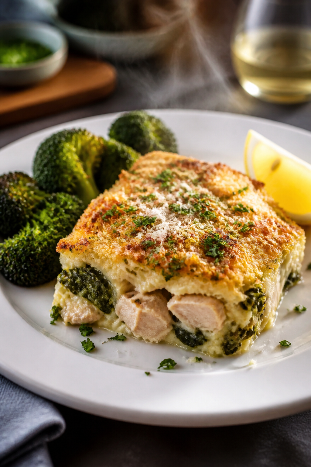 Final dish presentation: Restaurant-quality plated square of Chicken Caesar Protein Casserole on a m