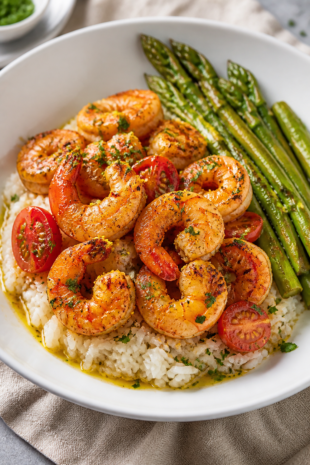 Final dish presentation: Restaurant-quality plated Garlic Butter Shrimp Bowl—jasmine rice base mou