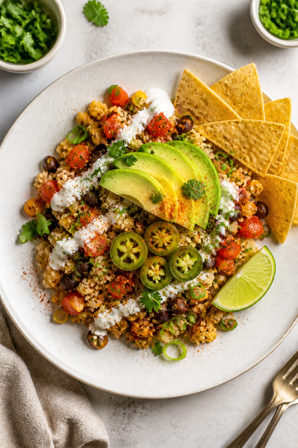 Final dish presentation: Restaurant-quality plated serving of Loaded Taco Cauliflower Rice on a wide