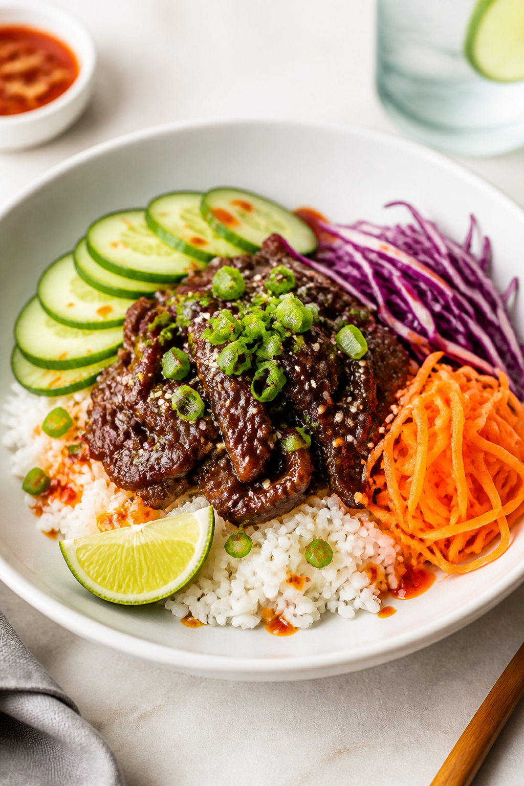Final dish presentation: Restaurant-quality plated Korean Beef Bowl in a matte white shallow bowl—