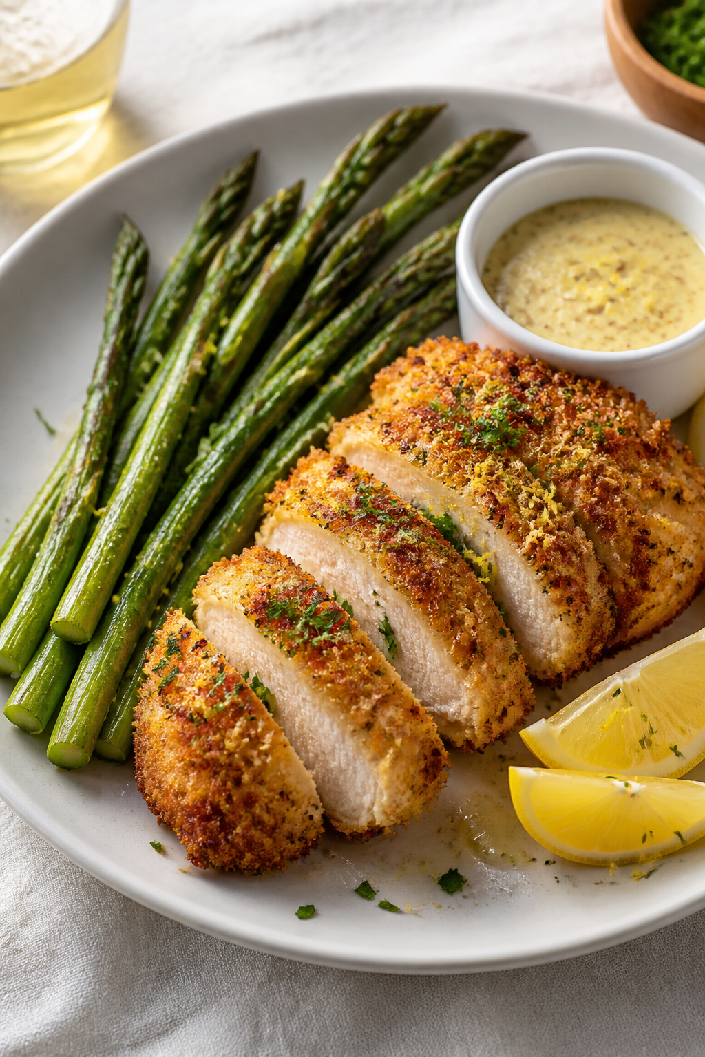 Final dish presentation: Restaurant-quality plated Parmesan Crusted Chicken & Asparagus on a matte w