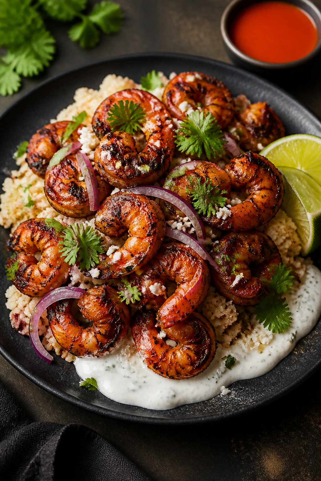 Final dish presentation: Restaurant-quality plated Cajun Shrimp Bowl on a dark stoneware plate with 