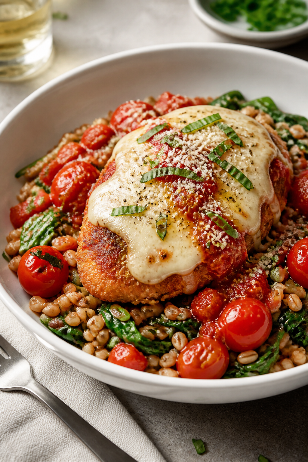 Final dish presentation: Restaurant-quality plated Chicken Parmesan Protein Bowl in a wide, shallow