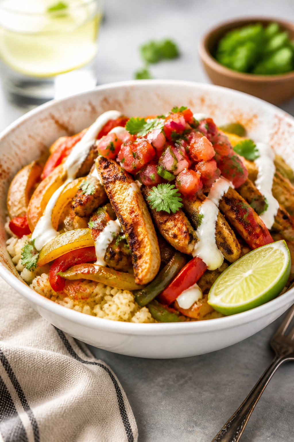 Final dish presentation: Restaurant-quality plated Low Carb Chicken Fajita Bowl in a wide white bowl