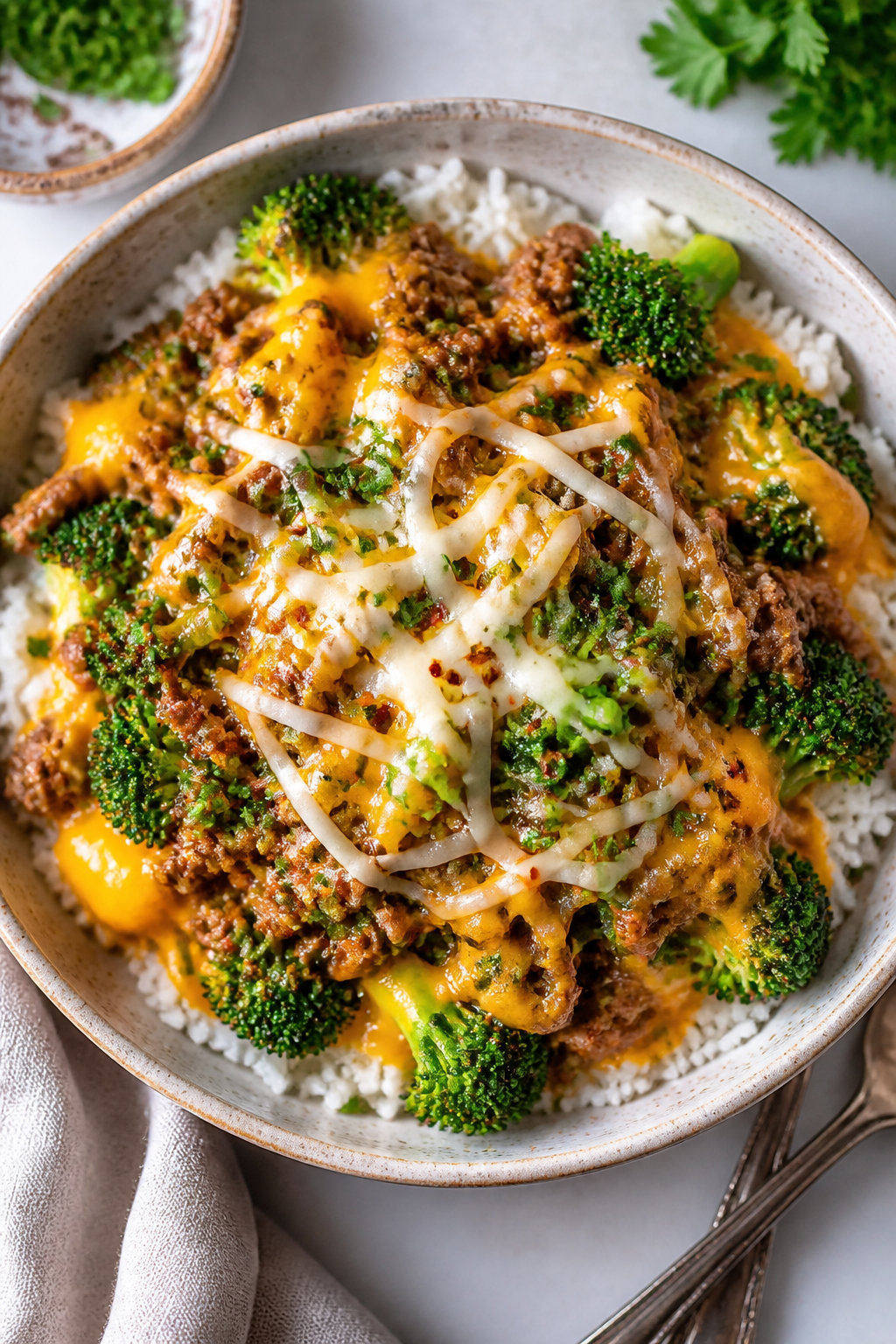 Final dish presentation: Restaurant-quality plating of the Cheesy Beef & Broccoli Skillet served ove
