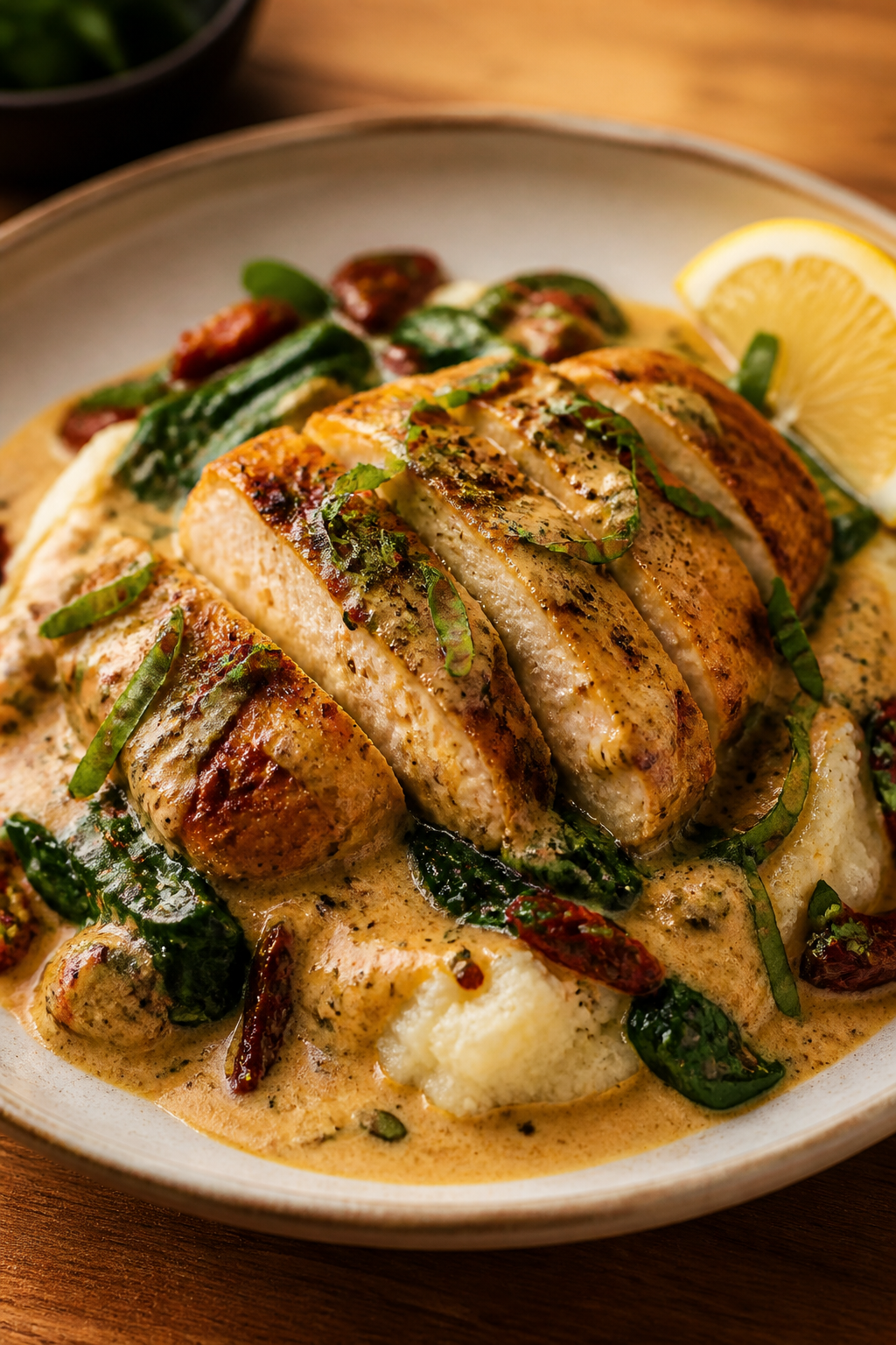 Final dish presentation: Restaurant-quality plating of Tuscan chicken over creamy cauliflower mash o