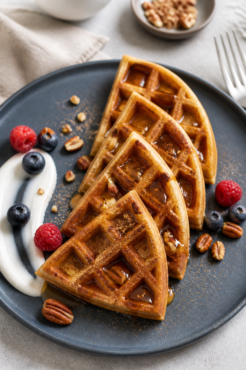 Final dish presentation: Restaurant-quality plating of a single cinnamon protein waffle quartered an