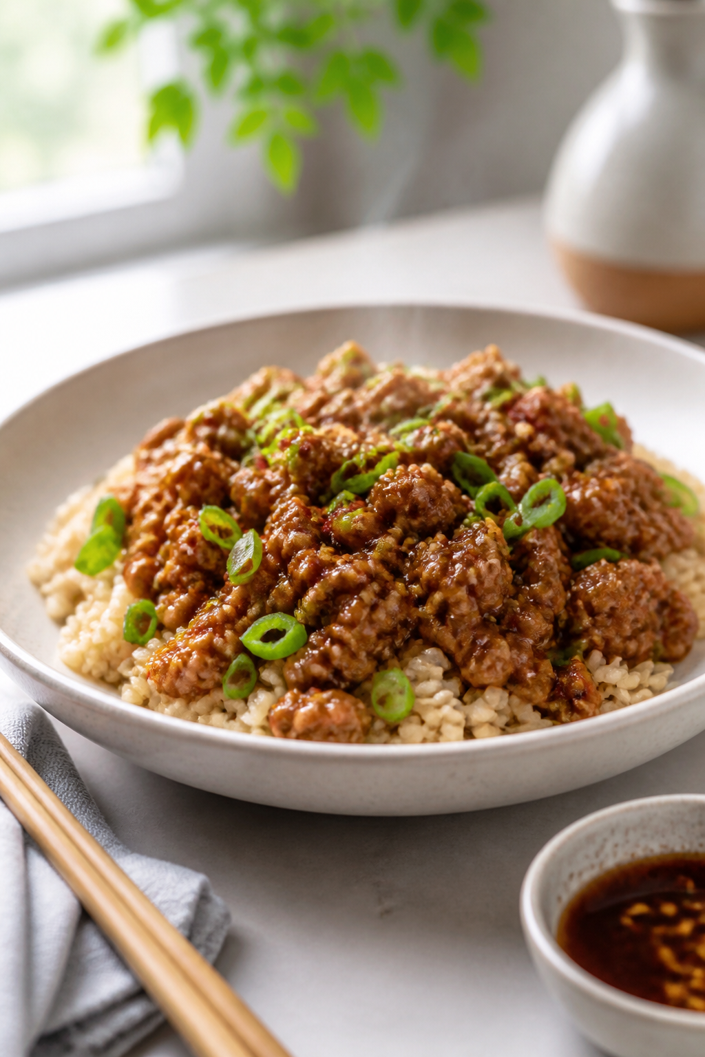Final dish presentation: Restaurant-quality plating of Sticky Asian Ground Turkey over warm brown ri