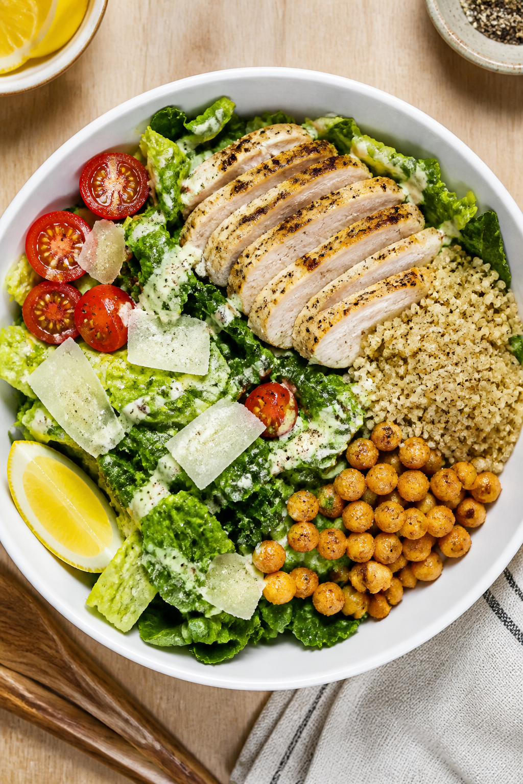 Final dish presentation: Tasty top view of Protein Packed Chicken Caesar Bowls assembled—crisp cho