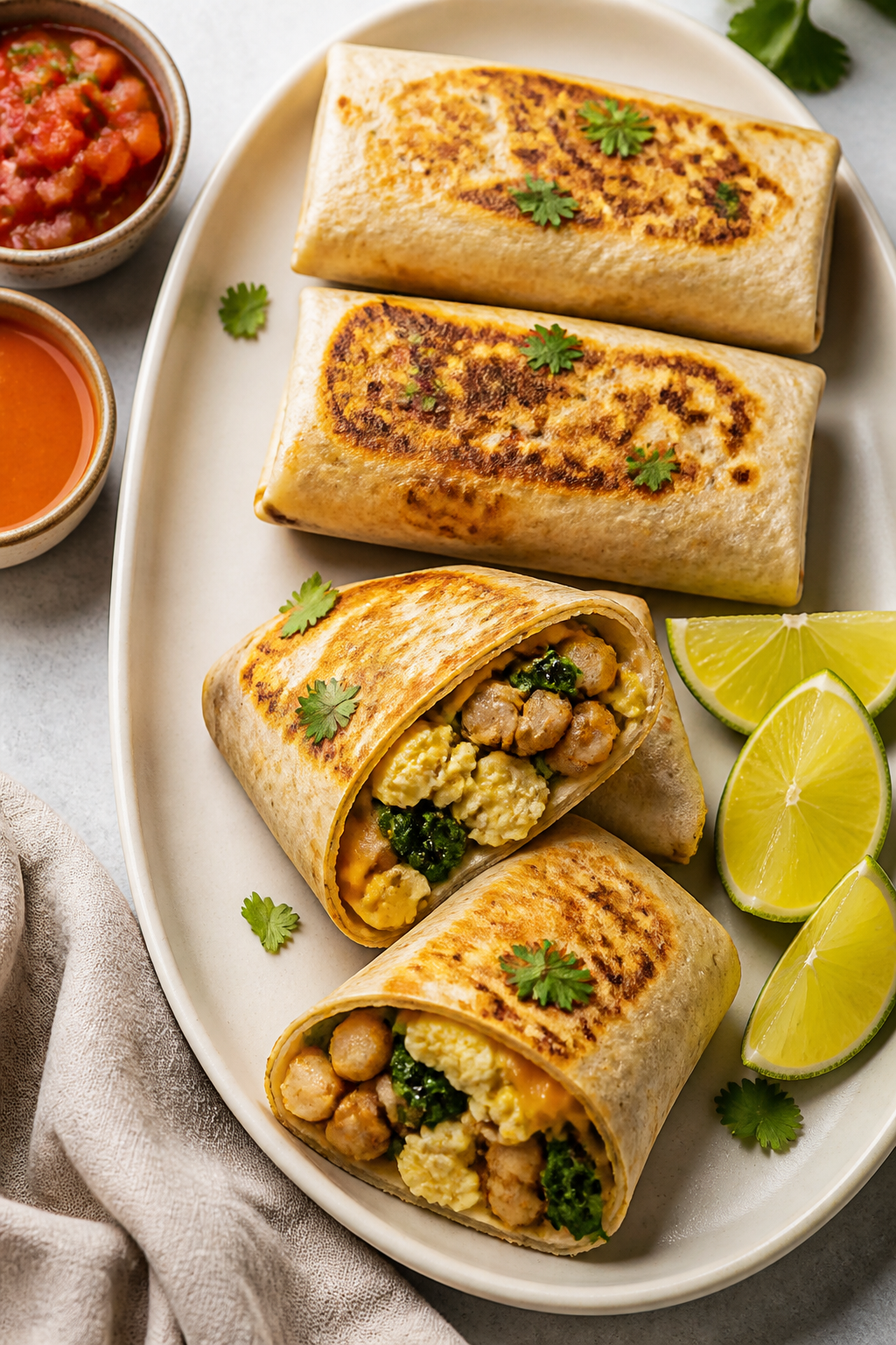 Final dish presentation: Tidy meal-prep lineup of finished breakfast burritos on a matte ceramic pla