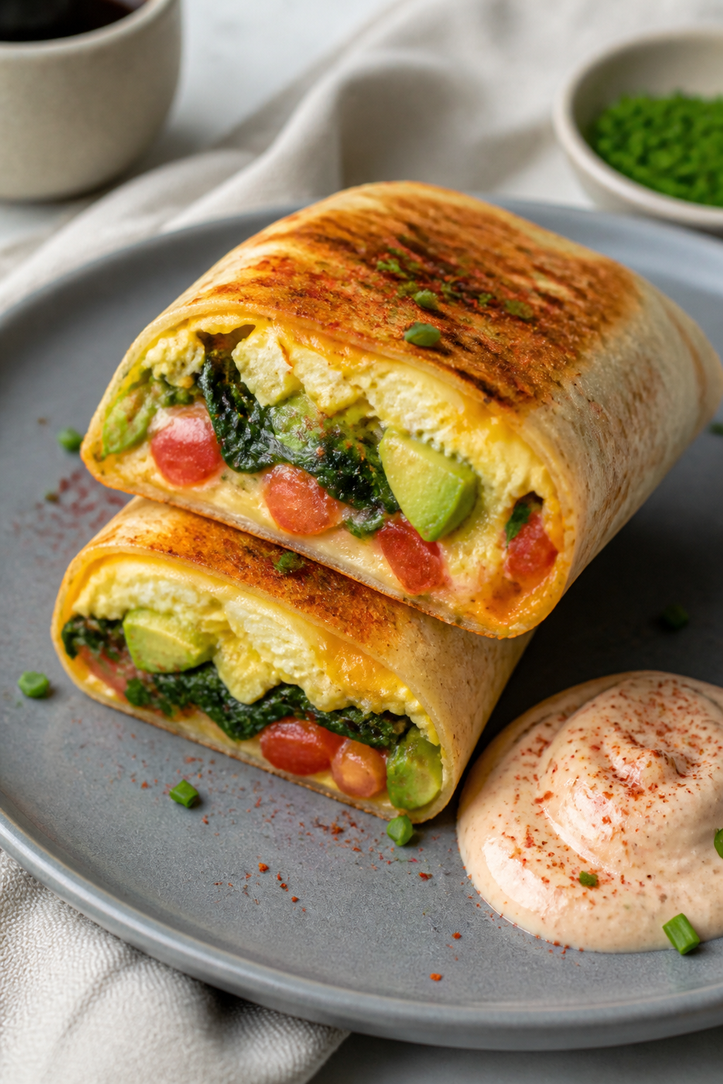 Final dish presentation: Toasted breakfast wrap seam-side down with a golden, lightly crisp exterior