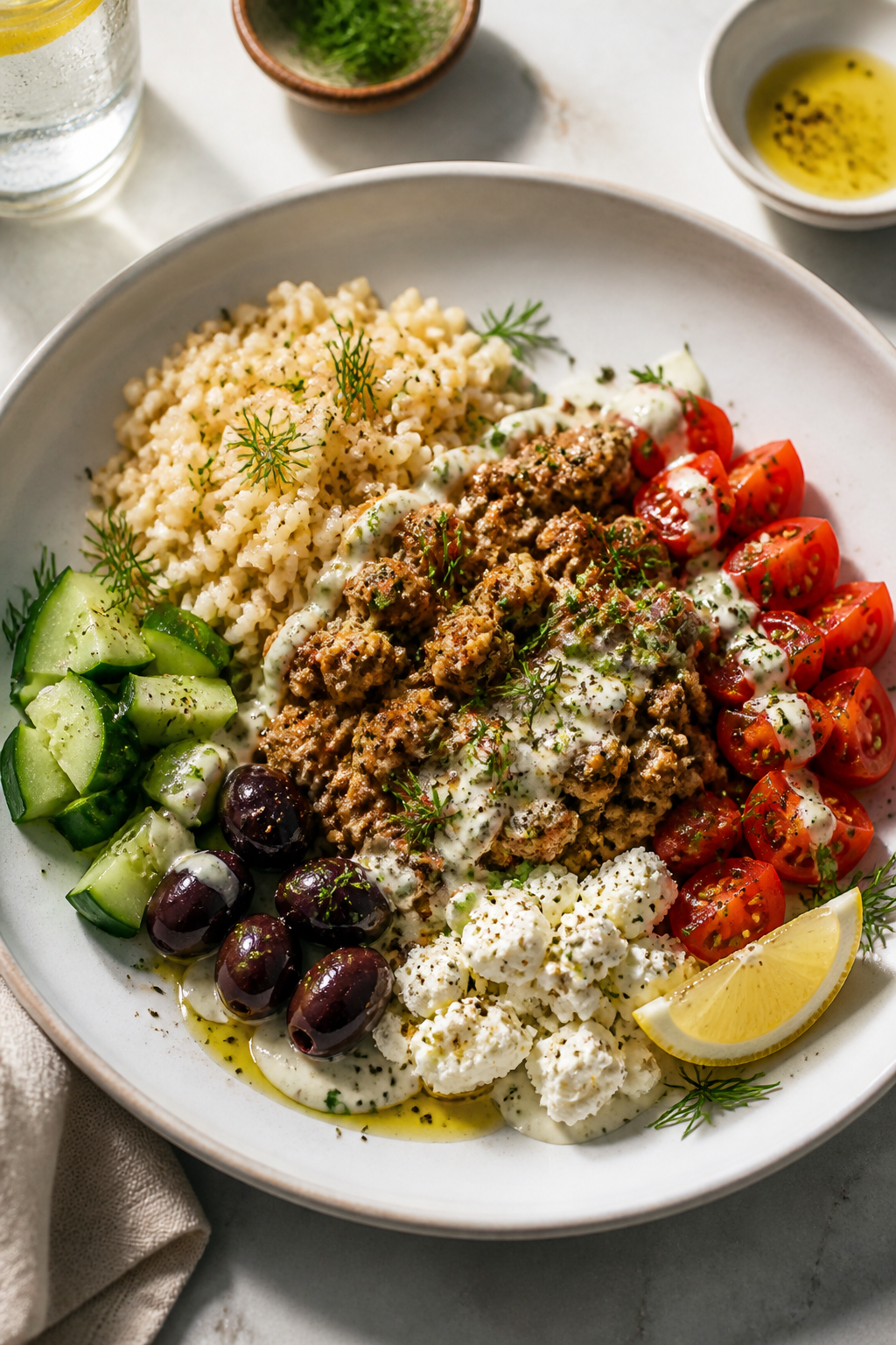 Final dish — Tahini-forward presentation: Beautifully plated Mediterranean Ground Turkey Bowl on a