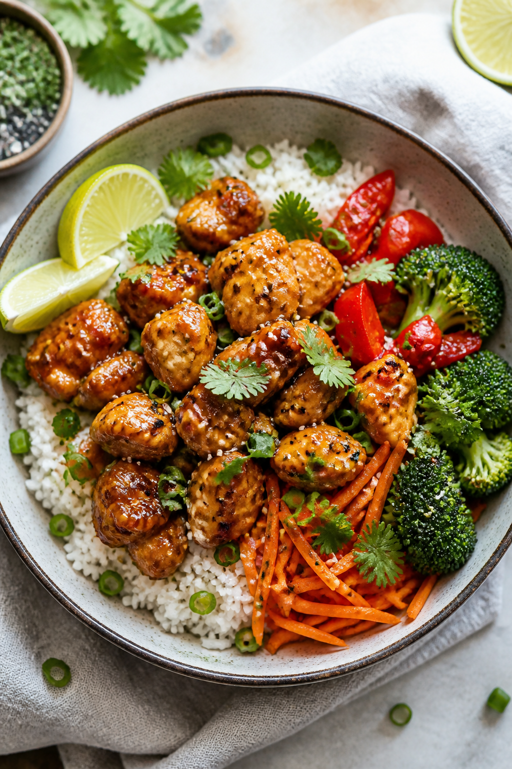Final dish, tasty top view: Overhead shot of Healthy Orange Chicken Rice Bowls—fluffy jasmine or b