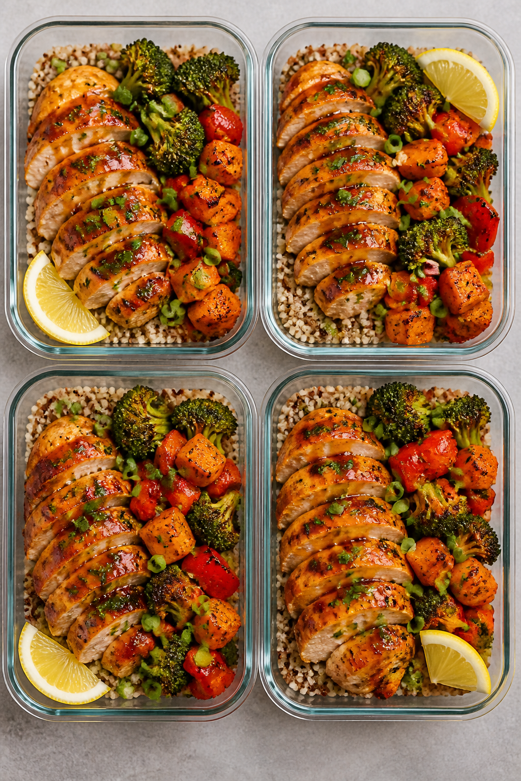 Final dish top view: Overhead meal prep containers neatly assembled with a base of brown rice and qu