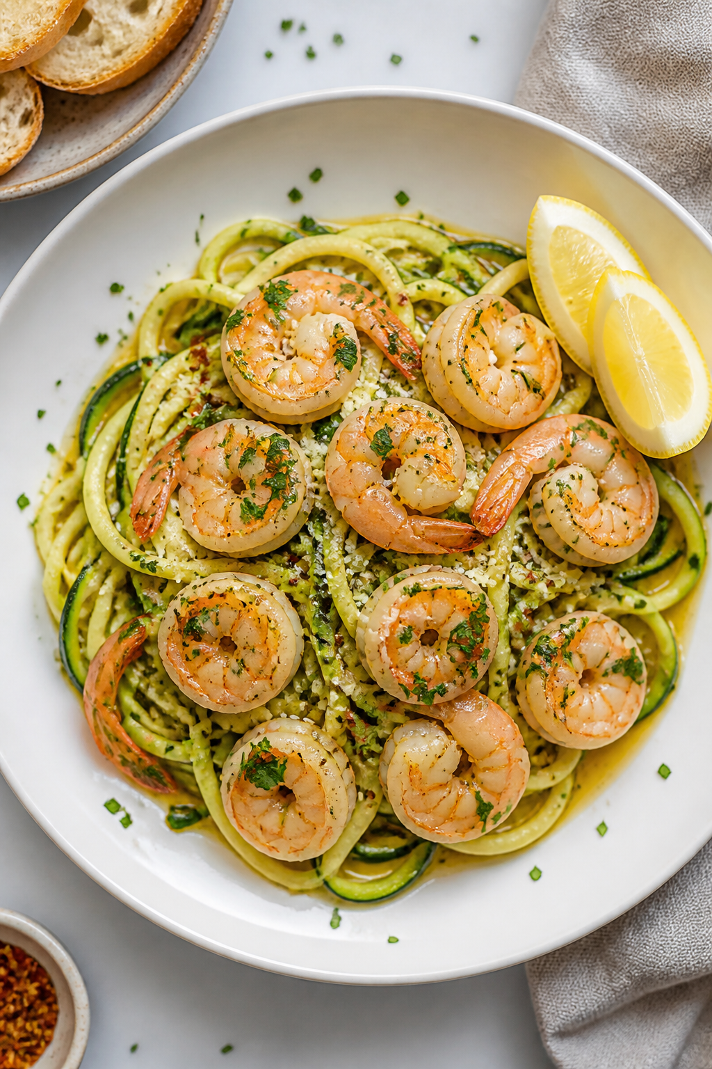 Final dish top view: Overhead shot of Lemon Garlic Shrimp & Zucchini Noodles neatly twirled in a wid