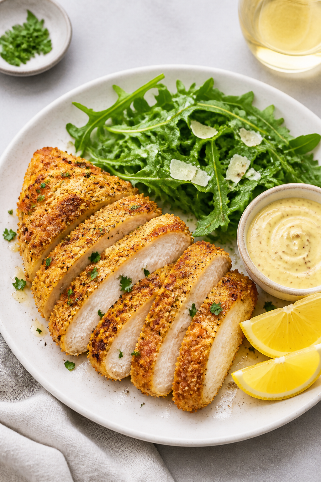 Final dish top view: Overhead shot of sliced Parmesan-crusted chicken breast fanned on a white ceram