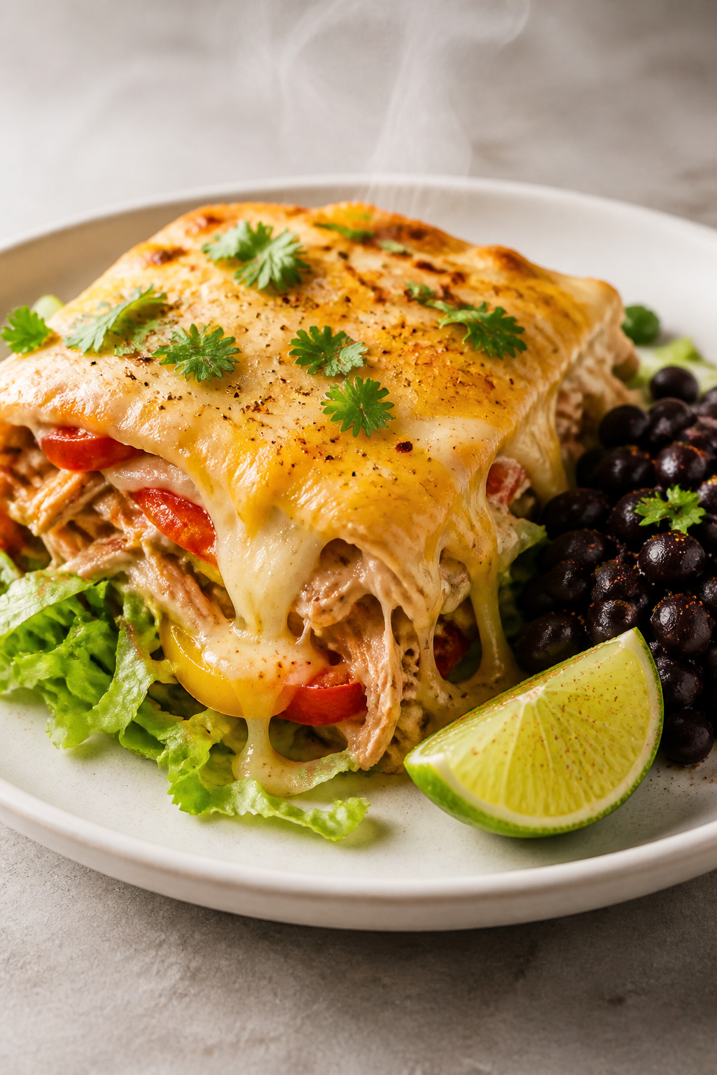 Final plated beauty: A generous square of the casserole served on a matte white plate over a bed of