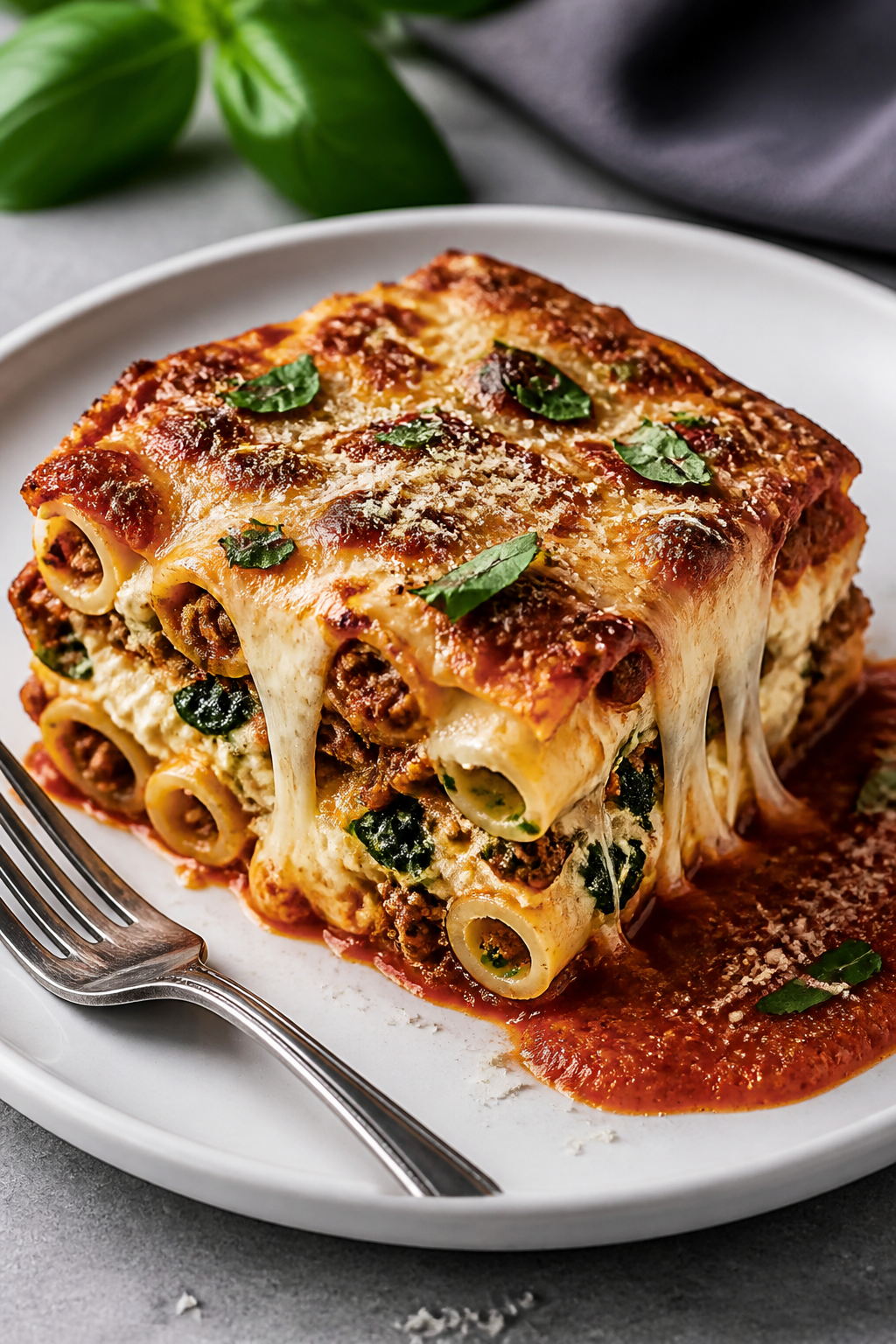 Final plated beauty: A golden, bubbly slice of Cottage Cheese Lasagna Casserole on a white ceramic p