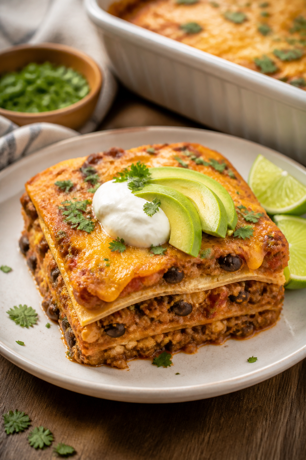 Final plated beauty: A square slice of ground turkey enchilada casserole on a white ceramic plate, e