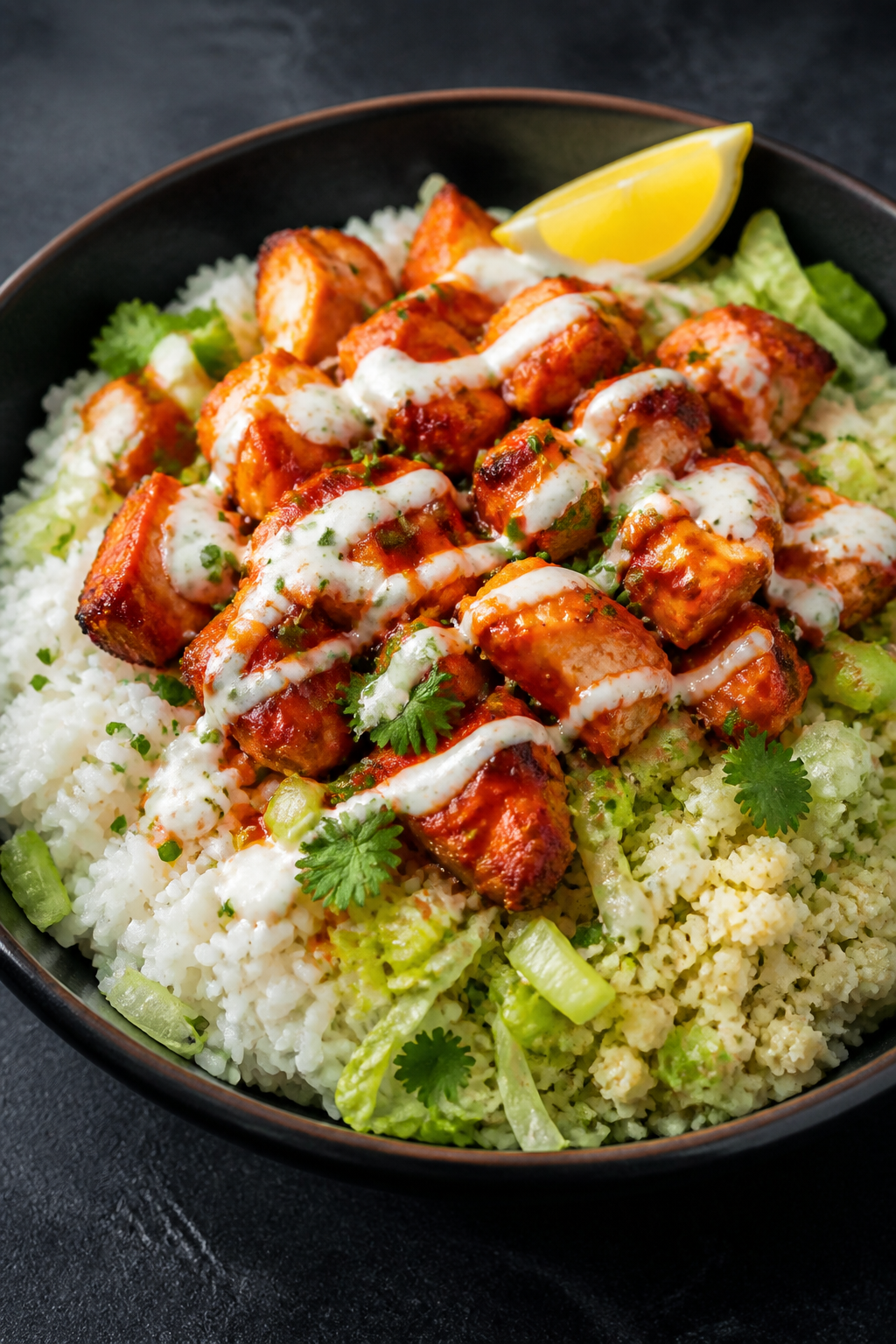 Final plated beauty: Restaurant-quality close-up of a single Buffalo chicken rice bowl with a half-a