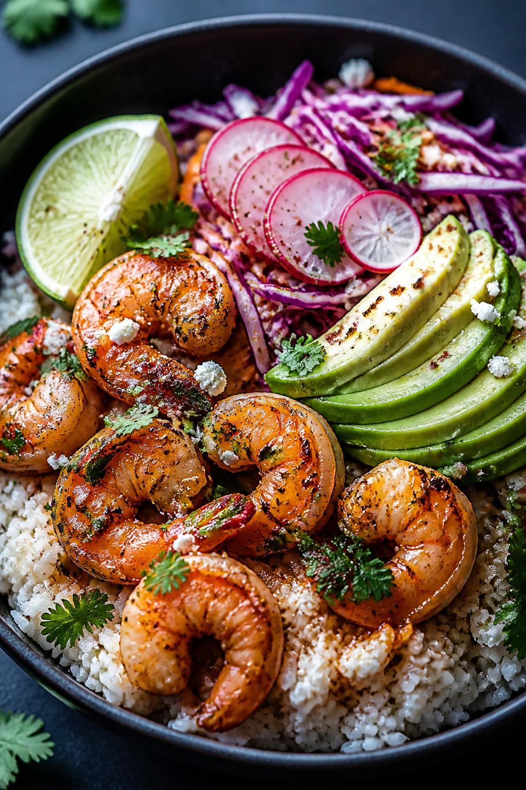 Final plated beauty: Restaurant-quality close-up of a Coconut-Lime variation bowl—seared shrimp gl