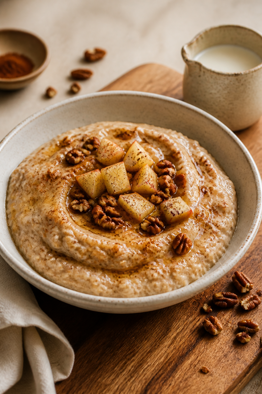 Final plated beauty: Restaurant-quality presentation of apple-cinnamon protein oatmeal whisked smoot