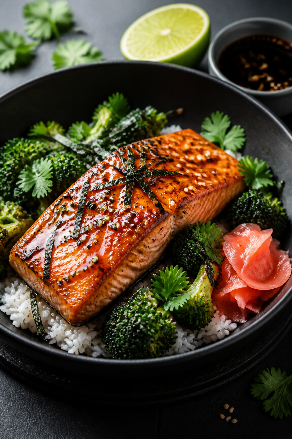 Final plated beauty: Restaurant-quality presentation of Honey Garlic Salmon Protein Bowl on a dark s