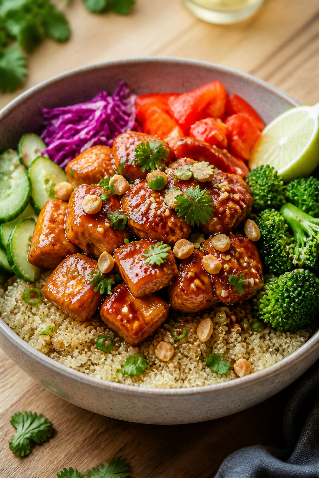 Final plated beauty: Restaurant-quality single bowl hero shot at a 3/4 angle—fluffy quinoa base to