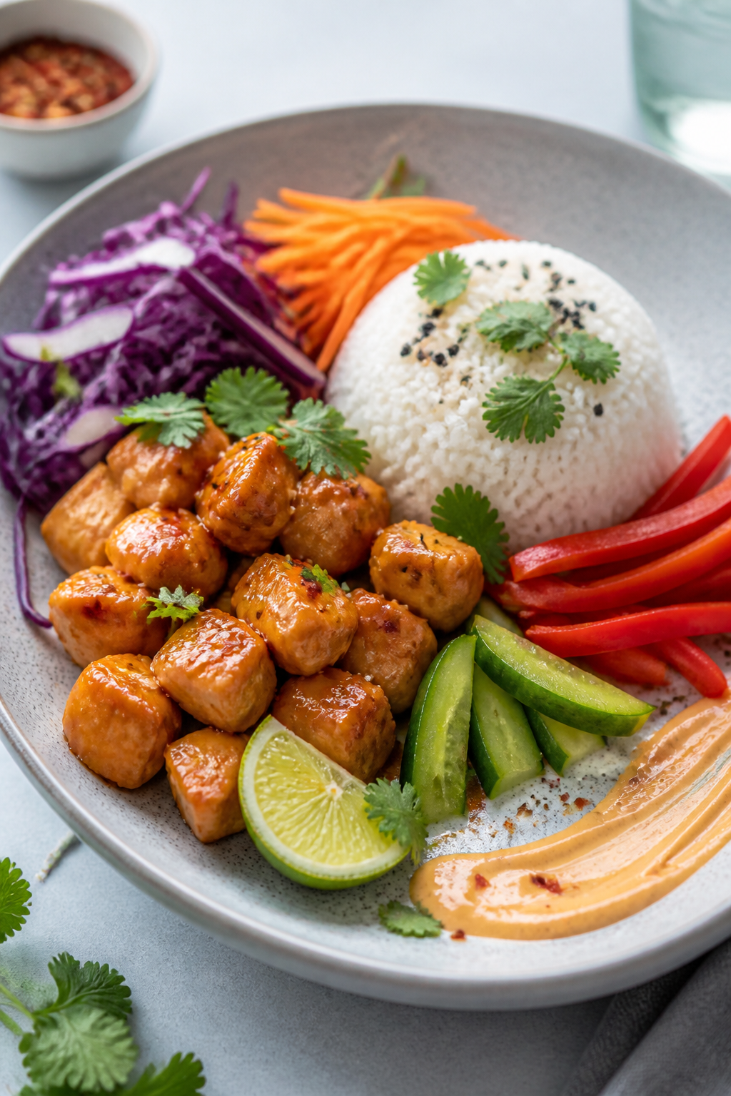 Final plated beauty shot: Restaurant-quality presentation of bang bang chicken bowl on a wide, shall